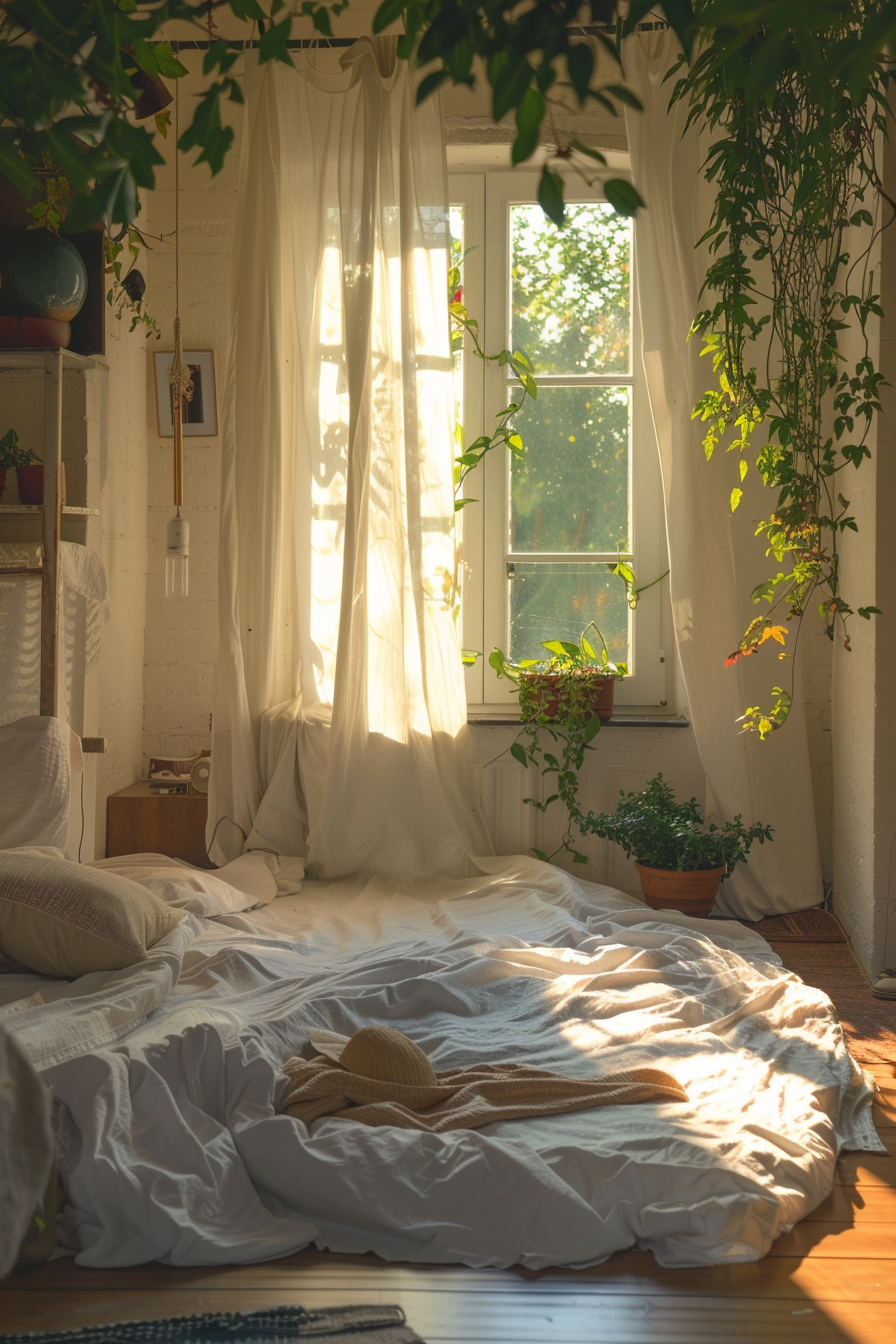 Sunlight streams through a window, casting a warm glow on a cozy bedroom filled with plants and a messy bed on the floor.