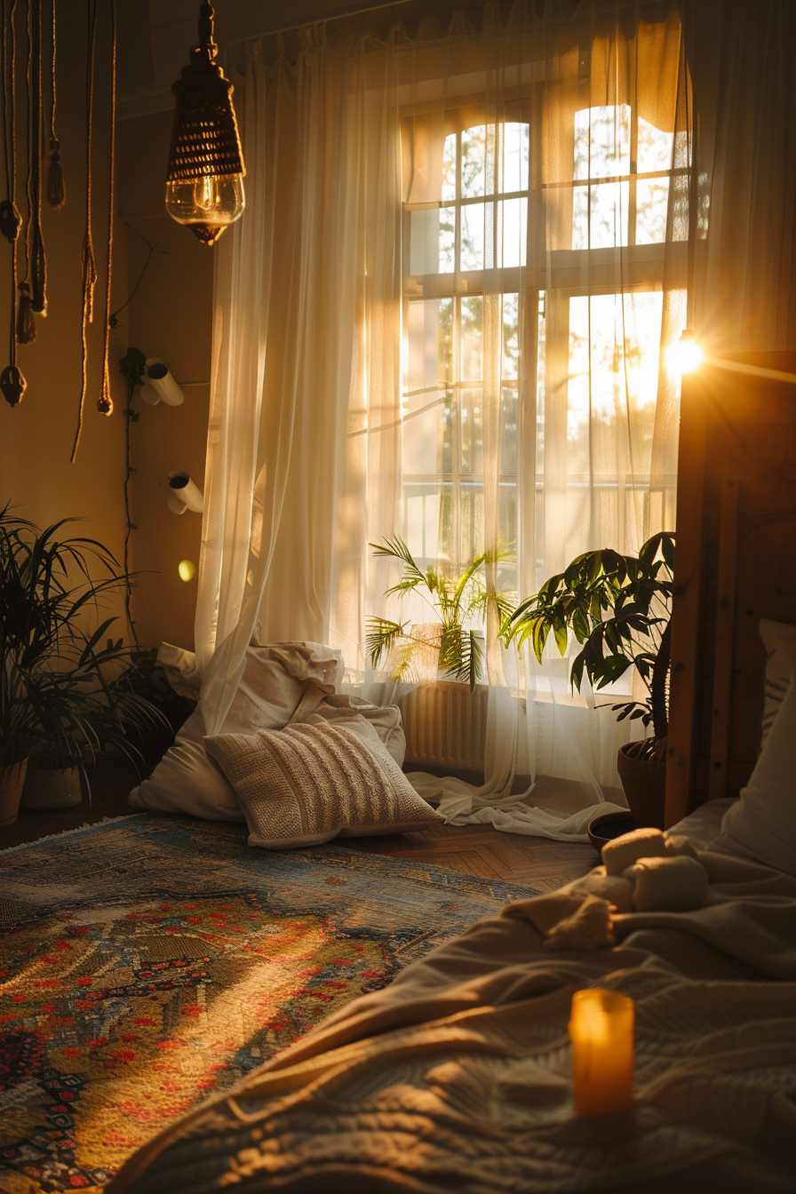 Cozy bedroom with warm sunlight streaming through sheer curtains, highlighting a colorful rug and plush pillows.