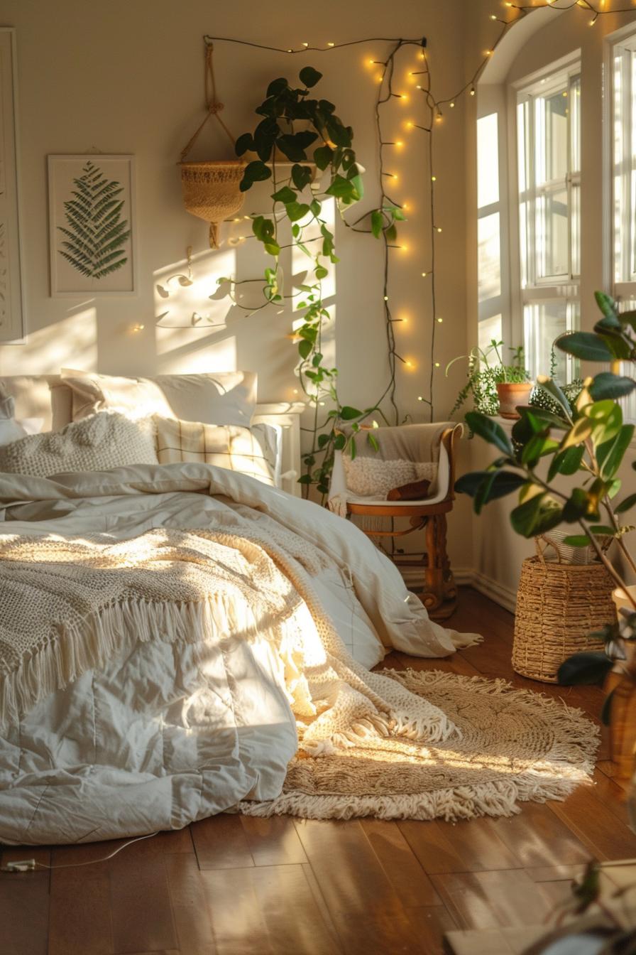 Cozy bedroom with sunlight filtering in, adorned with fairy lights, plants, and a comfortable bed with textured blankets.