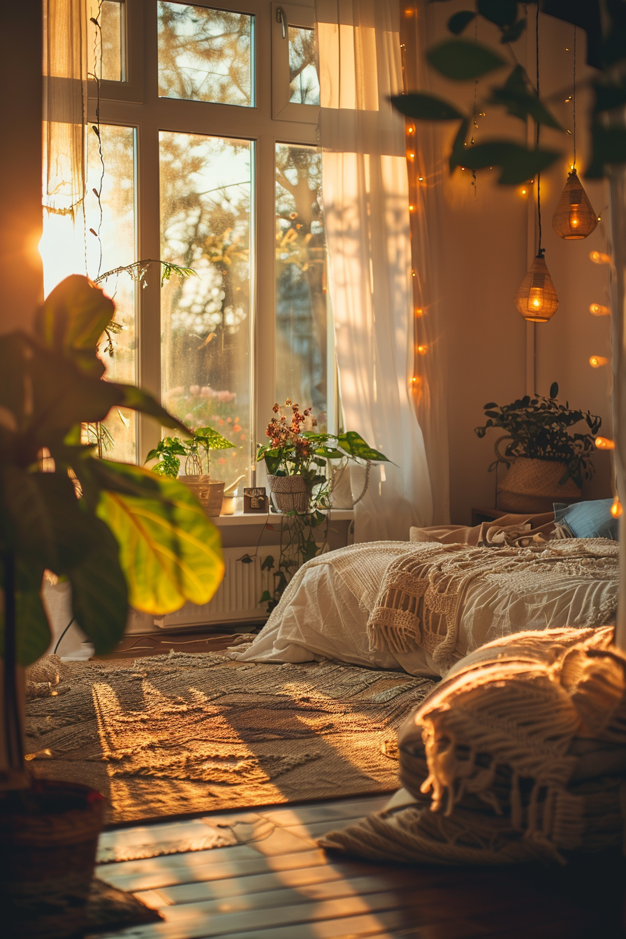 Cozy bedroom with warm sunlight streaming through a window, plants, string lights, and a textured bedspread.