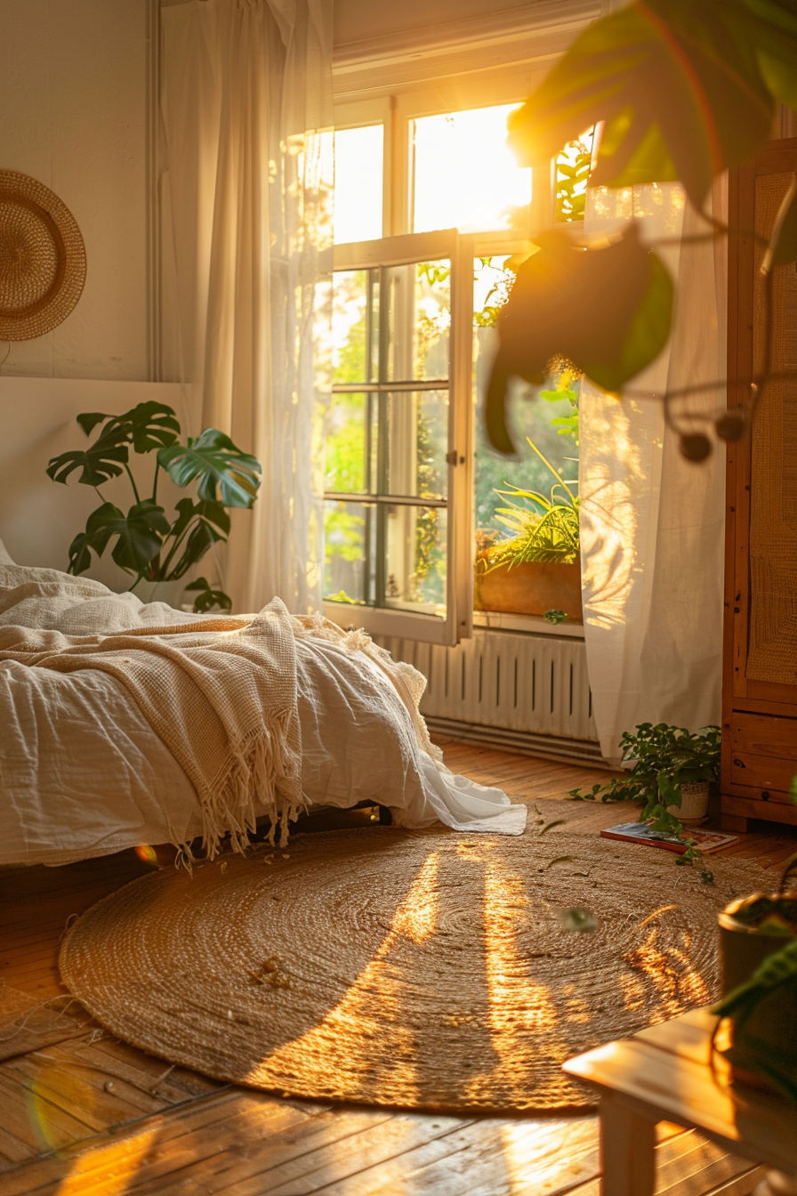 Cozy bedroom with sunlight streaming through an open window, casting warm patterns on a round rug and a bed draped with a cream throw.