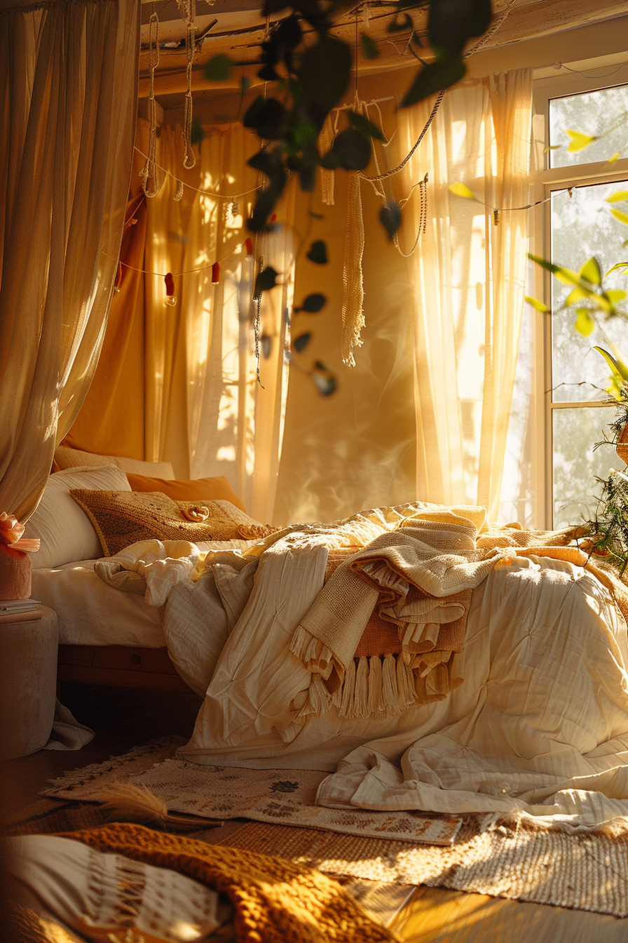 Cozy sunlit bedroom with sheer golden curtains, lush plants, and warm-toned bedding and throws creating an inviting atmosphere.