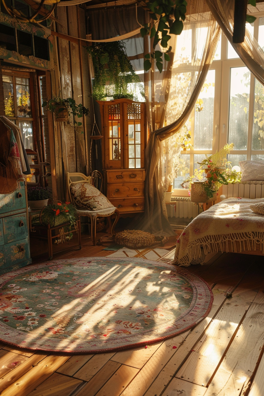 Cozy rustic interior with sunlight shining through large windows, casting shadows on a floral rug, and surrounded by plants and antique furniture.