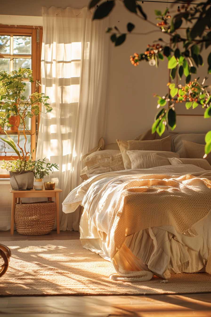 A cozy bedroom with sunlight streaming through sheer curtains, a bed with beige linens, houseplants by the window, and a warm glow throughout.