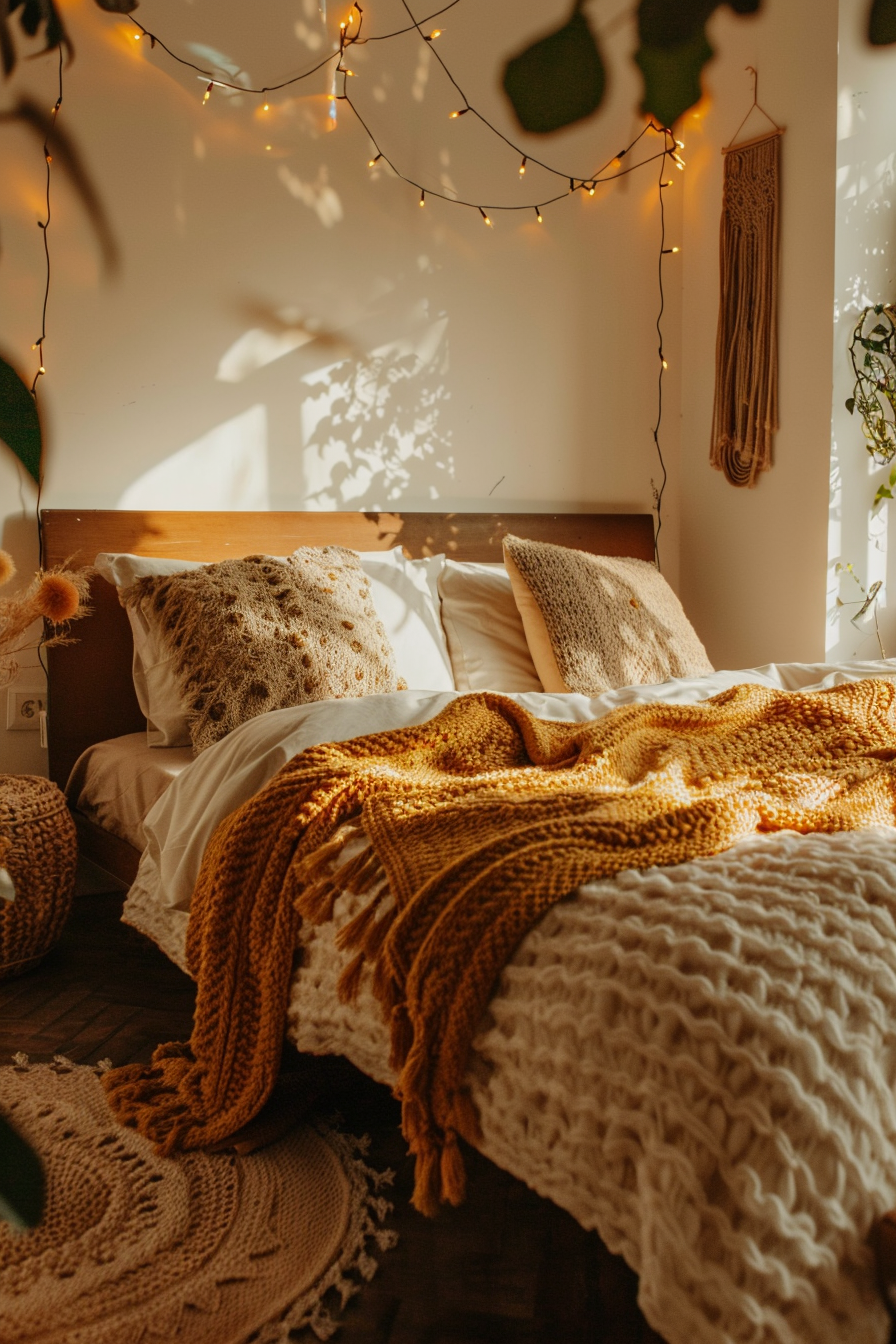 Cozy bedroom with a warm golden knit blanket on the bed, fairy lights above, and bohemian decor in a sunlit room.