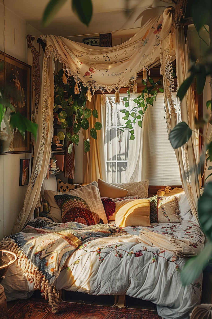 A cozy bohemian bedroom with plant decor, warm sunlight, a canopied bed adorned with eclectic textiles and pillows.