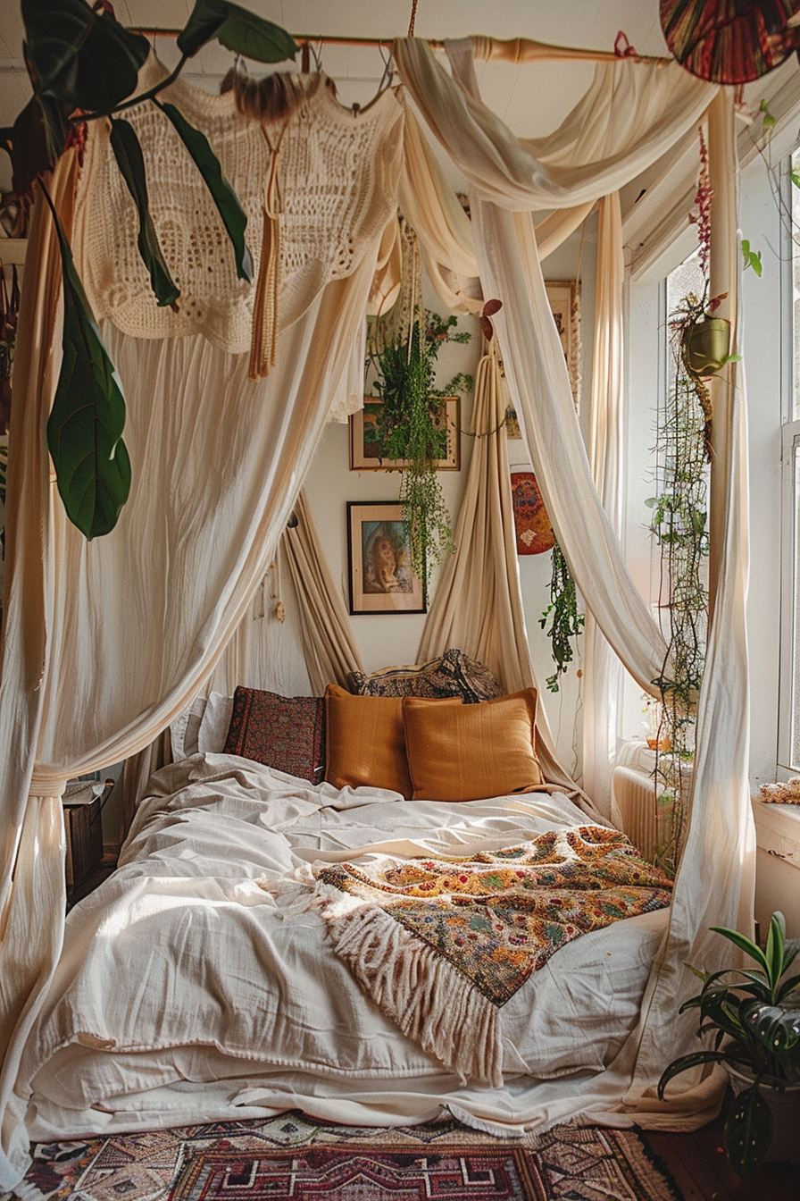 ALT: A cozy bohemian bedroom with a canopy bed draped in sheer fabric, surrounded by hanging plants, with patterned textiles and warm lighting.