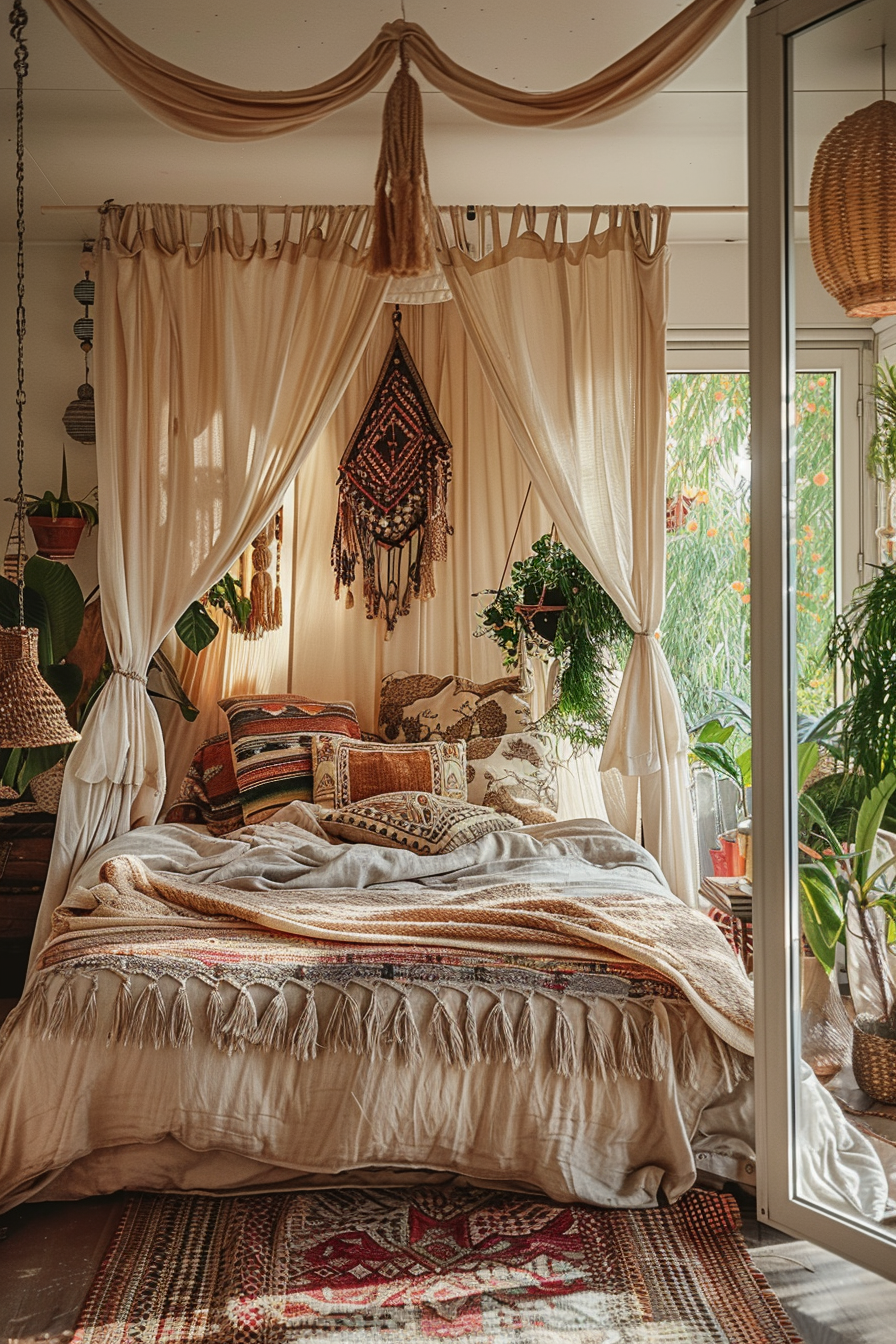A cozy bedroom with bohemian decor, featuring a bed with canopy curtains, patterned pillows, and plants by an open window.