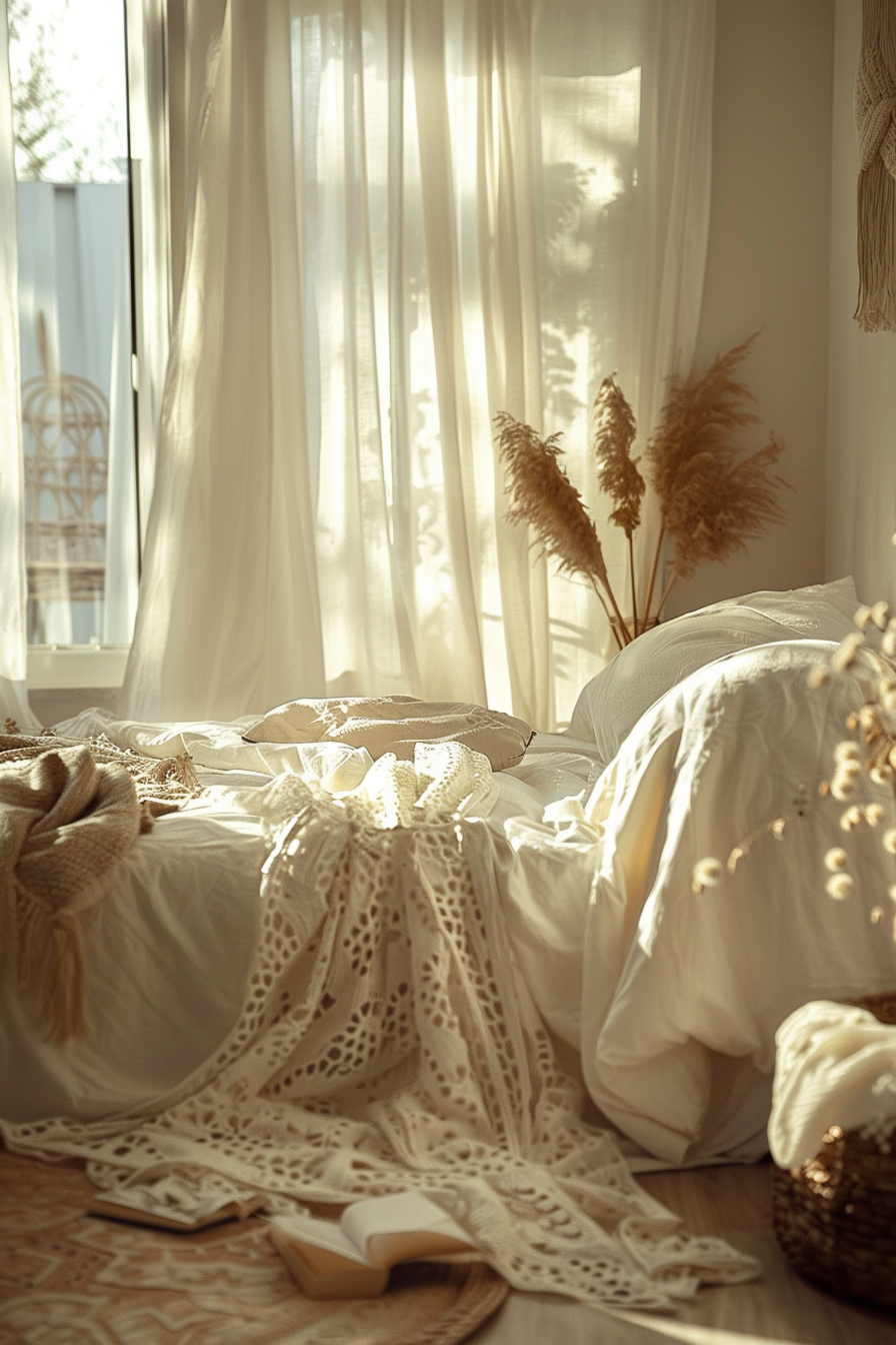 Sunlight filters through sheer curtains into a cozy bedroom with an unmade bed, scattered cushions, a knit throw, and an open book.