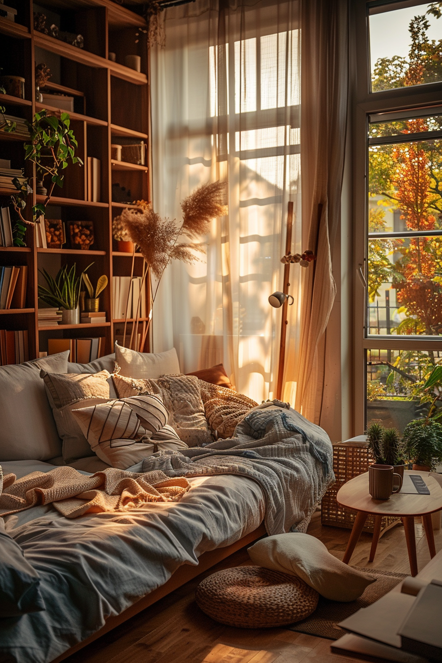 A cozy room with a daybed adorned with cushions, sunlight streaming through sheer curtains, plants, and a warm autumn view outside the window.