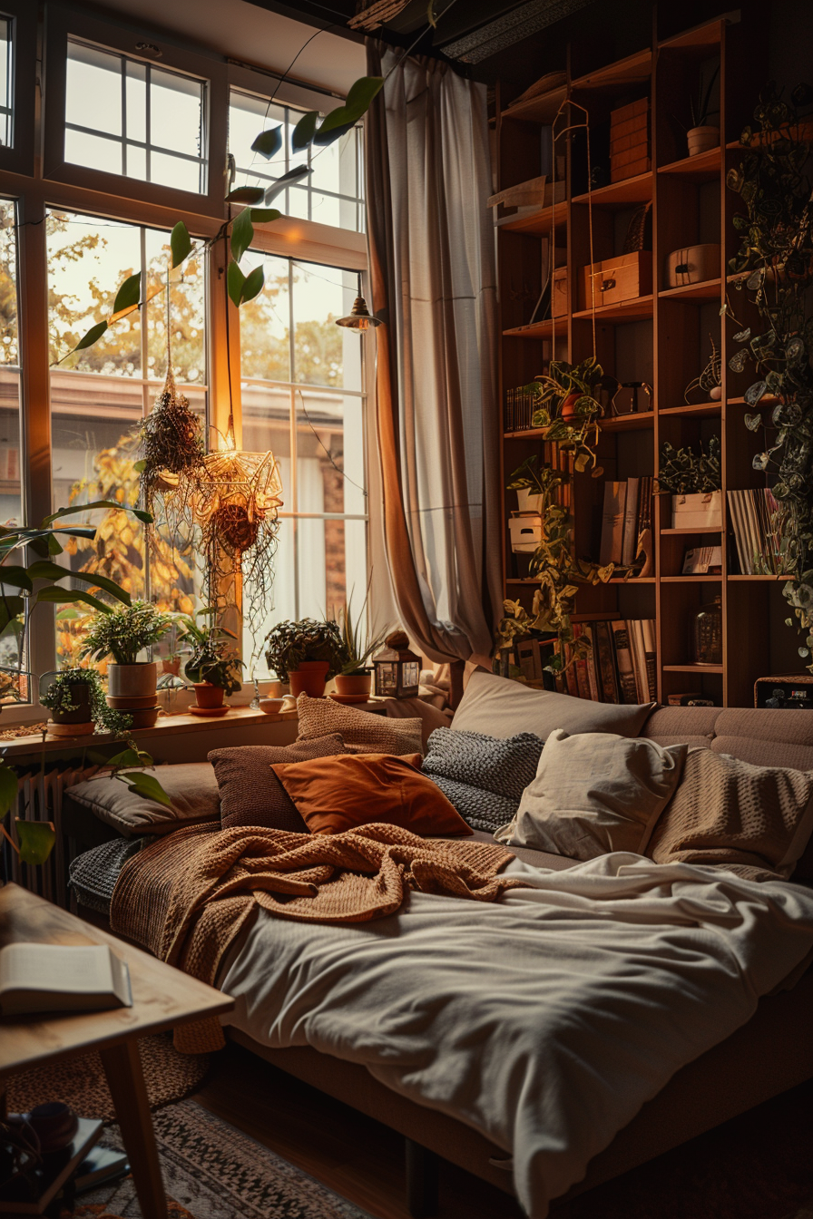 Cozy bedroom with plants on window sill, warm-toned bedding, bookshelf, and soft lighting through large windows.