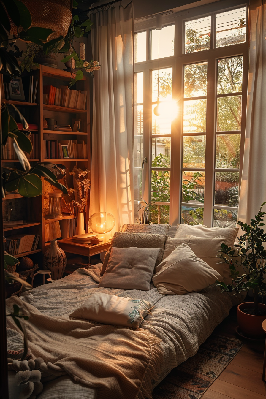 Cozy bedroom with a bed by the window at sunset, bookshelf, plants, and warm lighting creating a tranquil atmosphere.