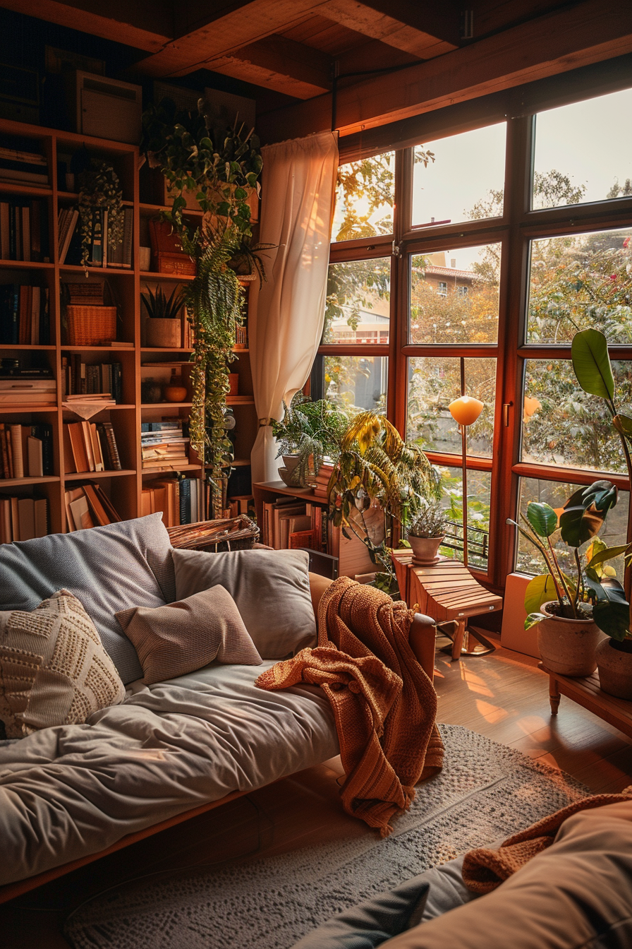 Cozy reading nook with a comfy couch, bookshelves, plants, and warm sunlight shining through large windows.