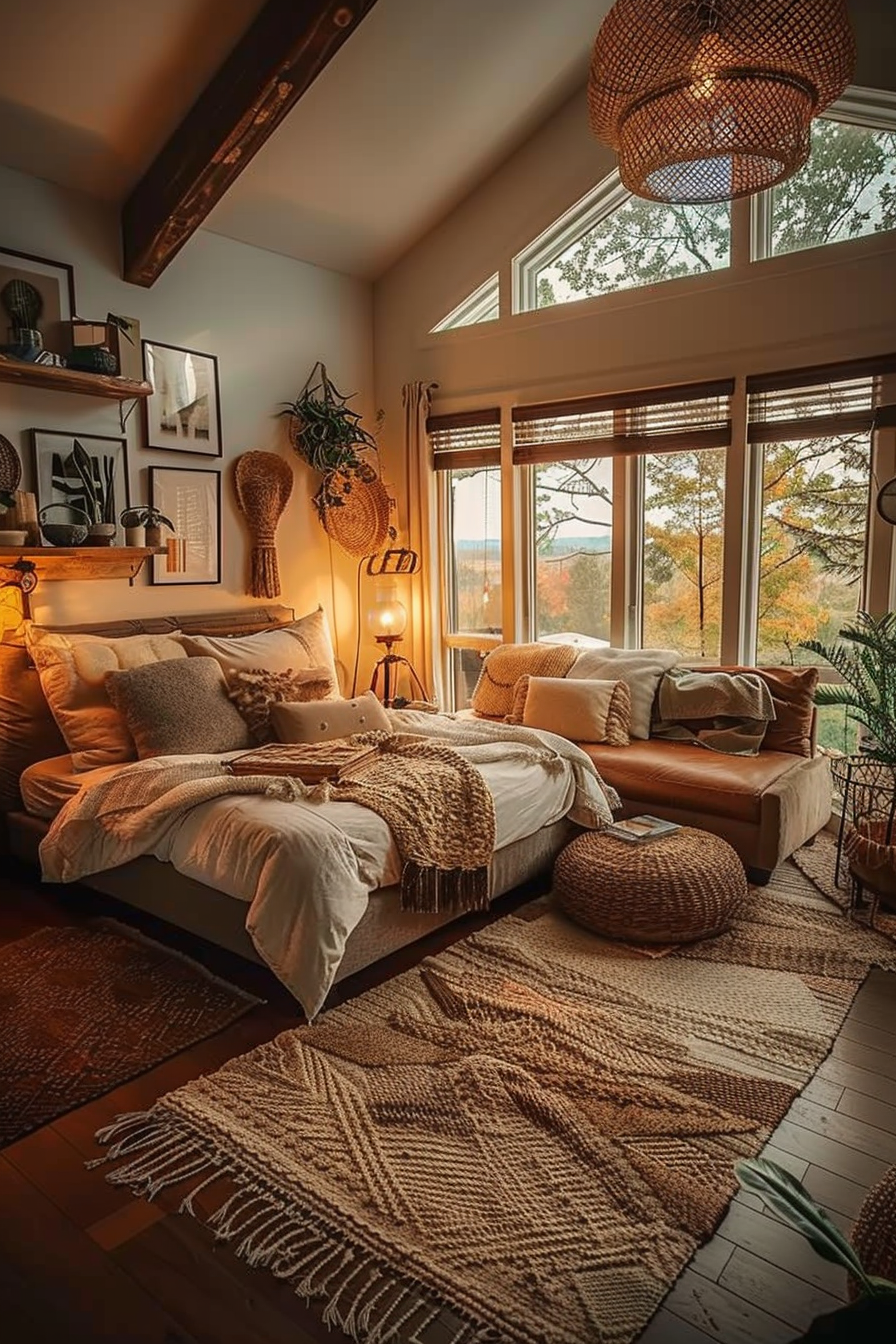 Cozy bedroom interior with warm lighting, large bed, woven decorations, and a view of trees through the window.