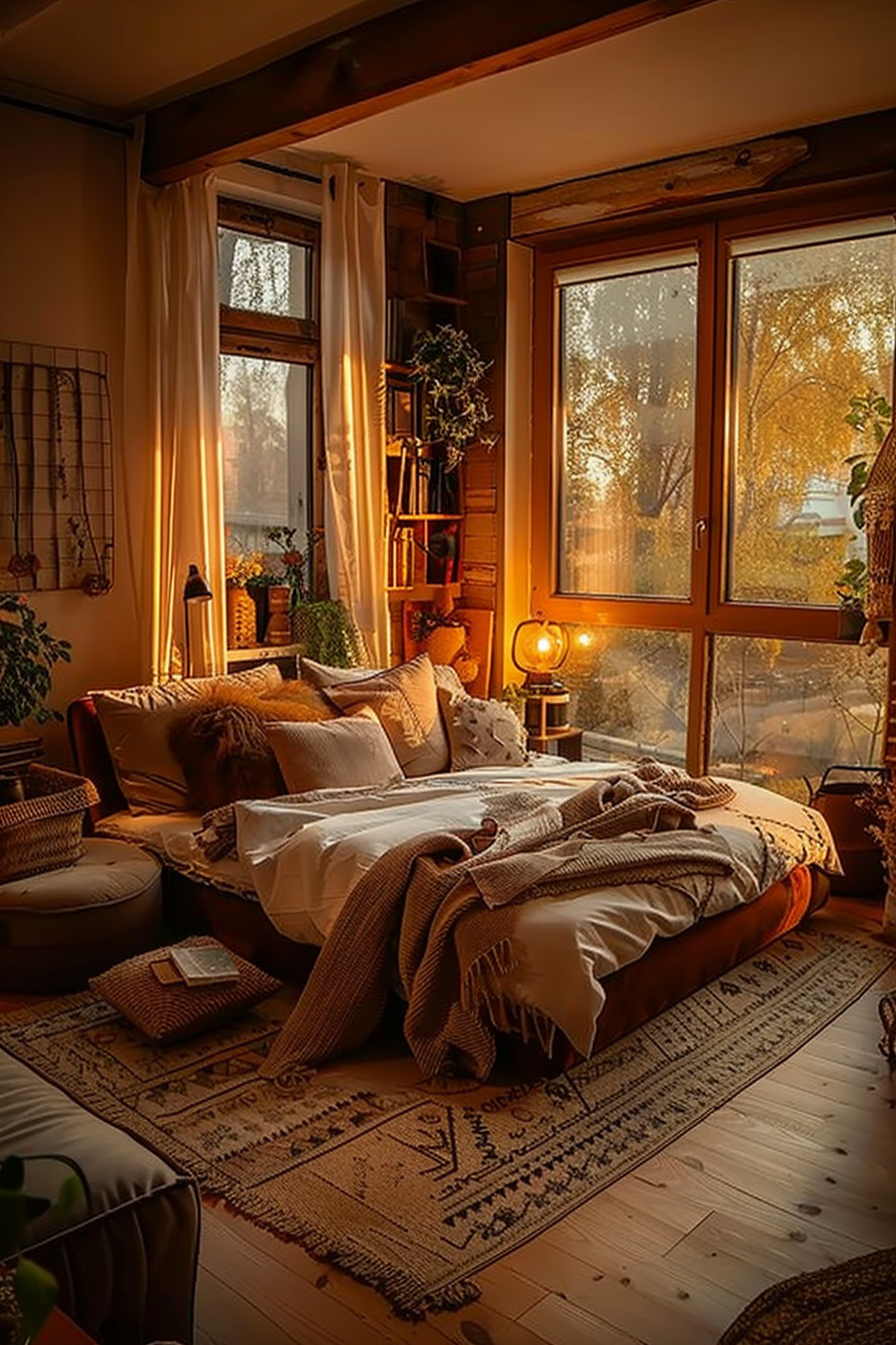 Cozy bedroom with warm lighting, bed with pillows and throw blankets, plants, and autumn view outside the window.