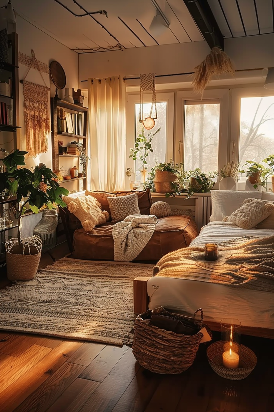Cozy room with lush plants, warm lighting, a comfy bed, and a sofa, exuding a relaxing, bohemian vibe.