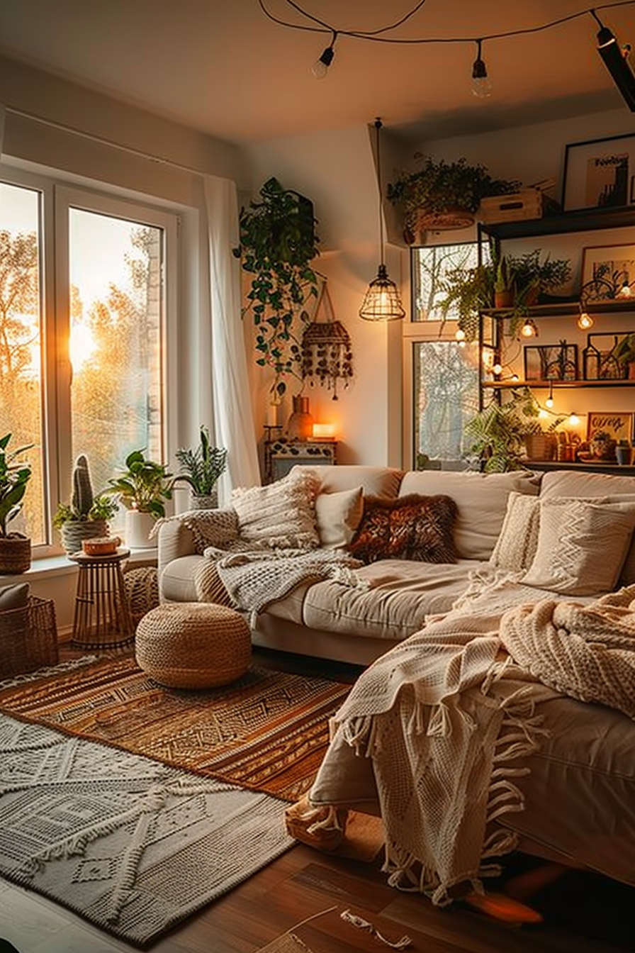 Cozy living room at sunset with plush sofa, patterned rugs, indoor plants, and warm decorative lighting.