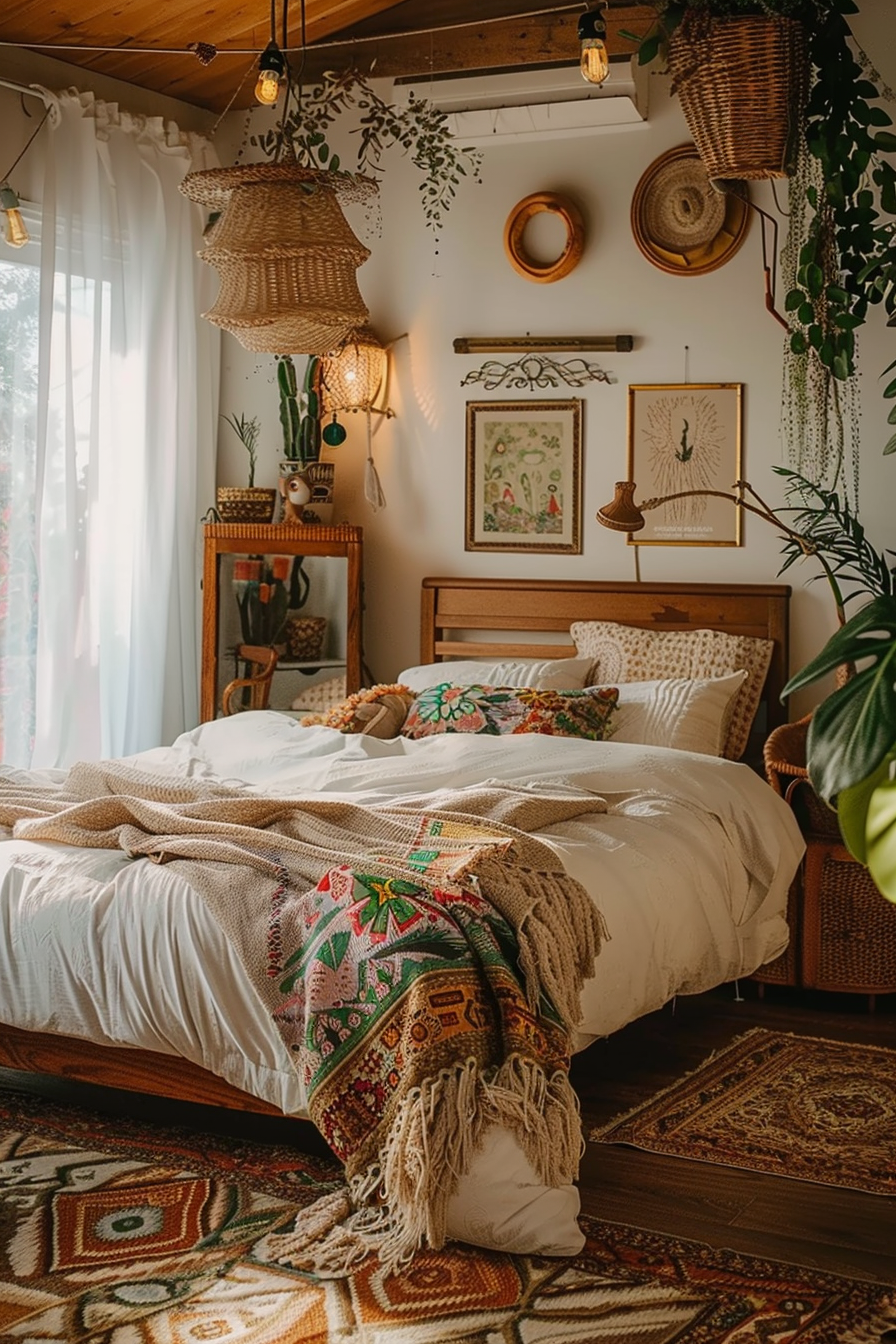 Cozy bedroom with bohemian decor, plants hanging from the ceiling, wicker lampshades, patterned rugs, and colorful cushions.
