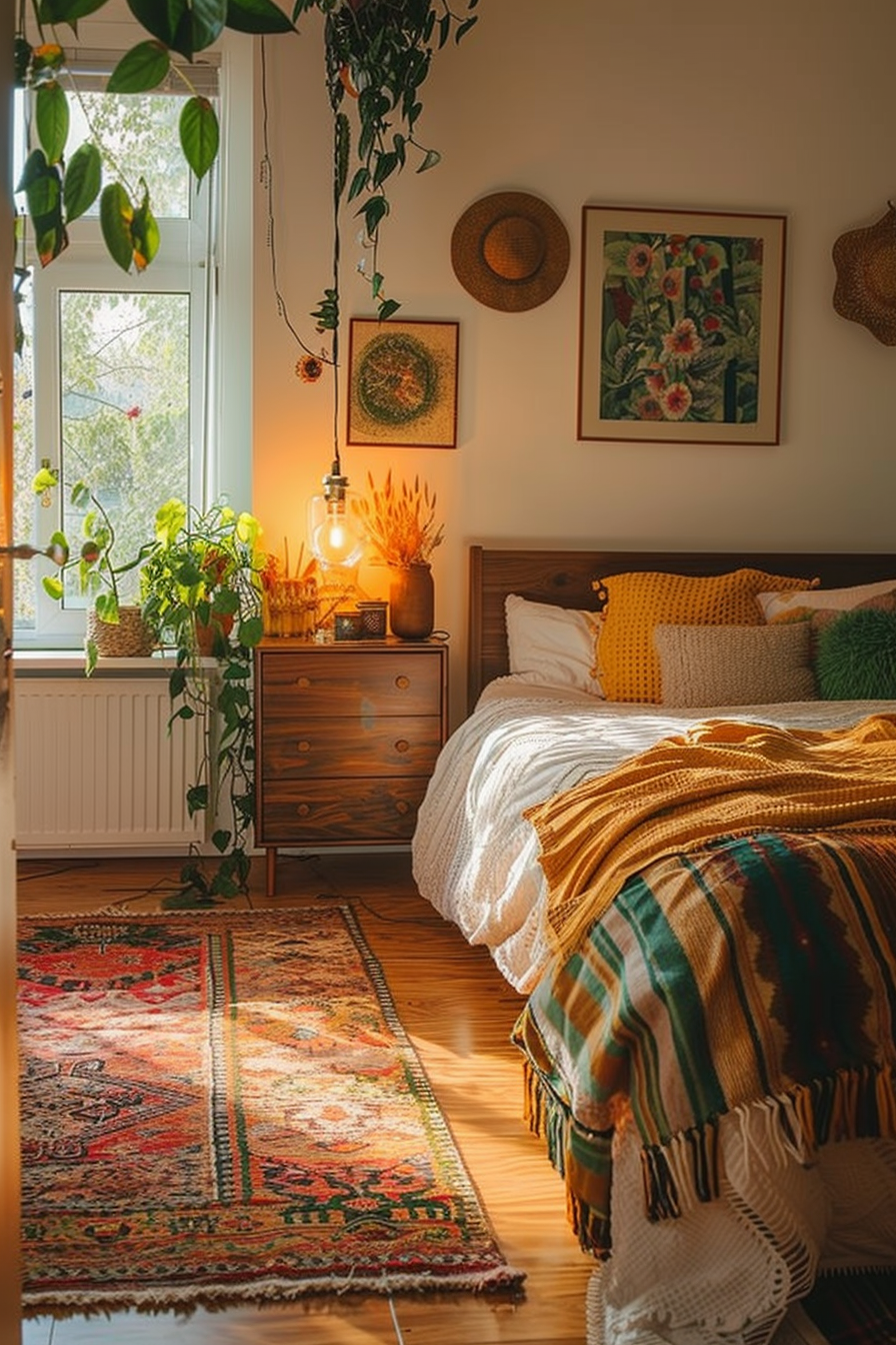 A cozy bedroom with warm lighting, plants by the window, patterned textiles, and art on the walls.