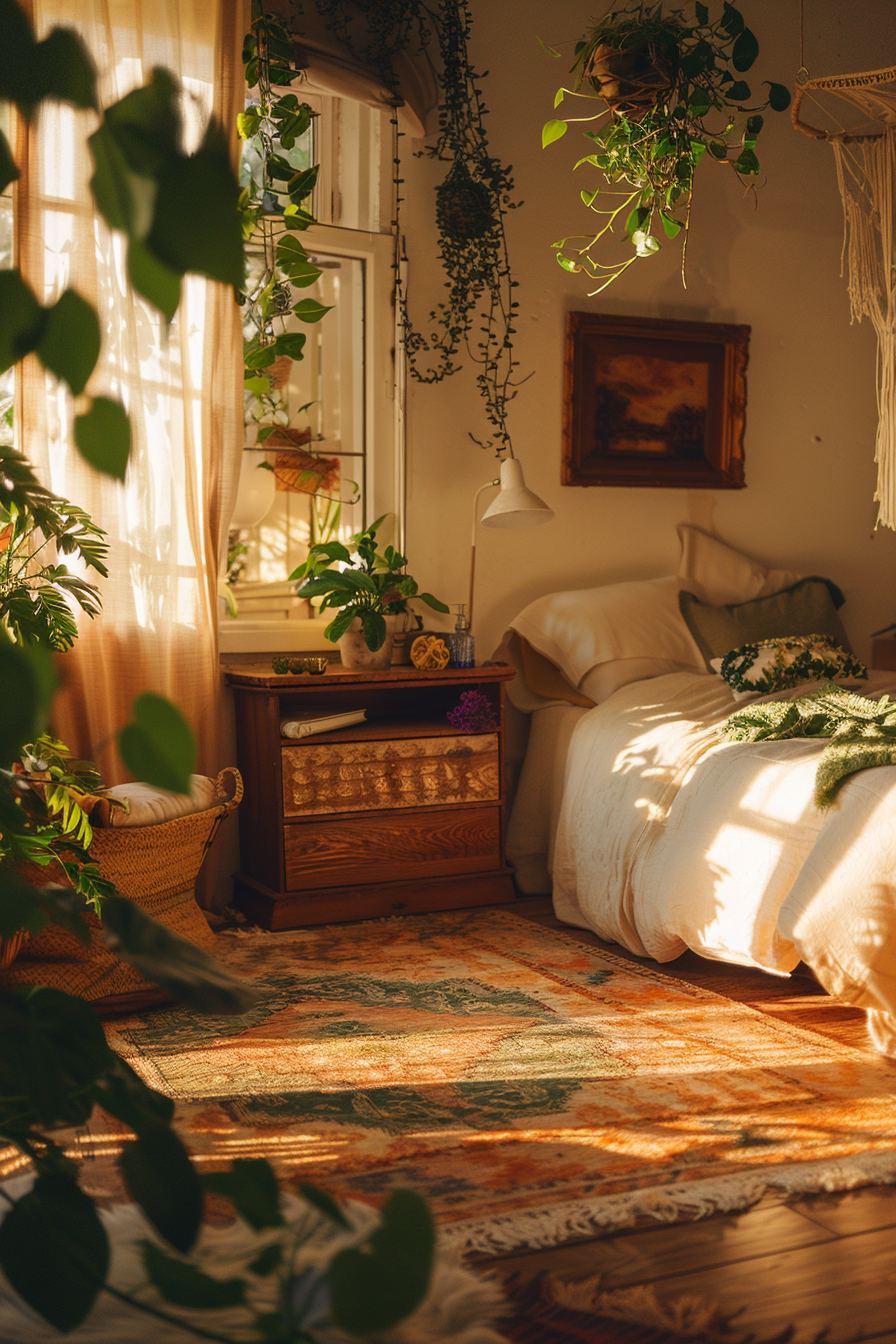 Cozy bedroom with warm sunlight, plants hanging by the window, an antique dresser, and a comfortable bed with white linens.