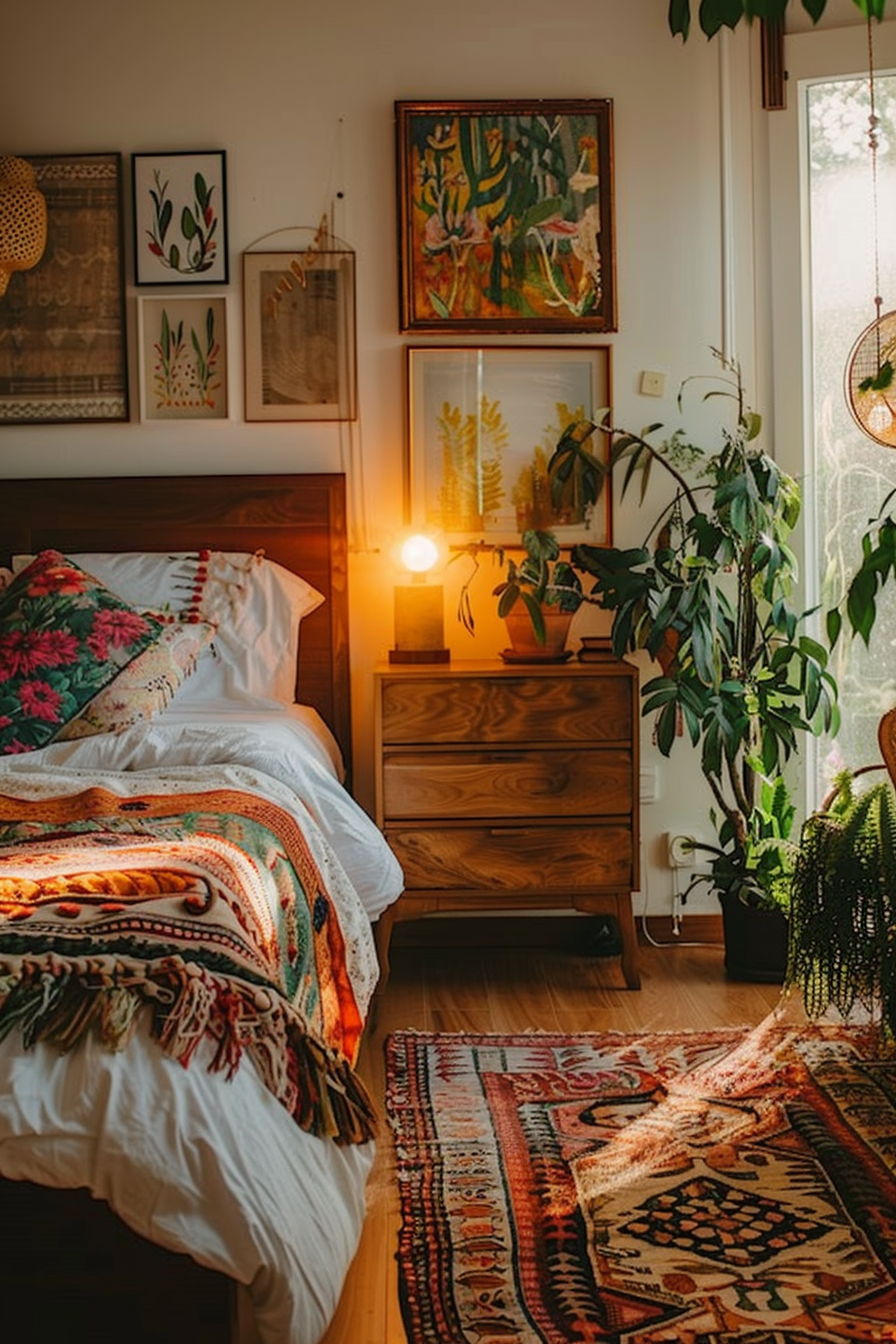Cozy bedroom interior with warm light, colorful bedding, wooden furniture, patterned rug, plants, and art on walls.