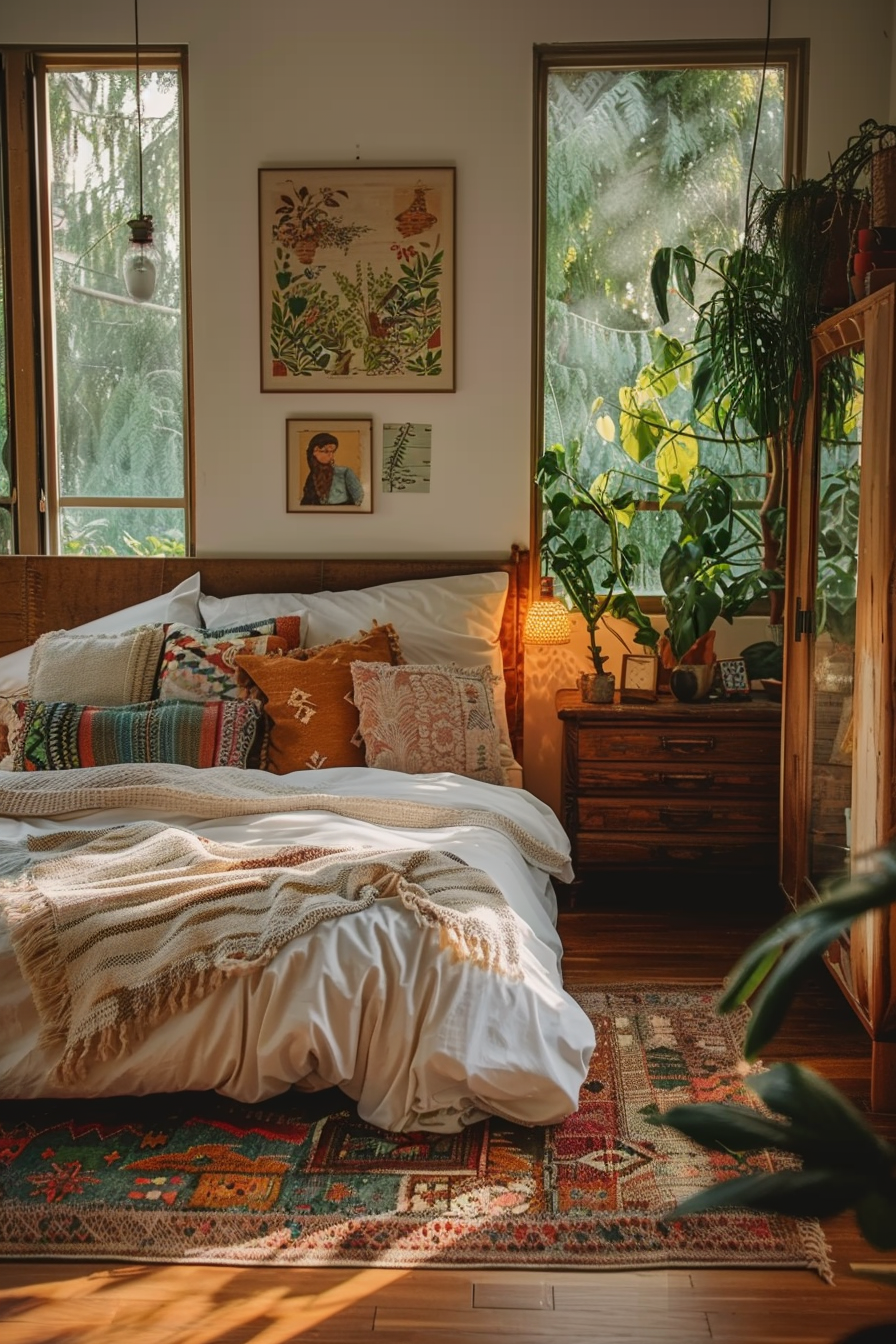 Cozy bedroom with a warm sunrise lighting, adorned with a variety of pillows, a fringed throw, and surrounded by lush plants and artwork.