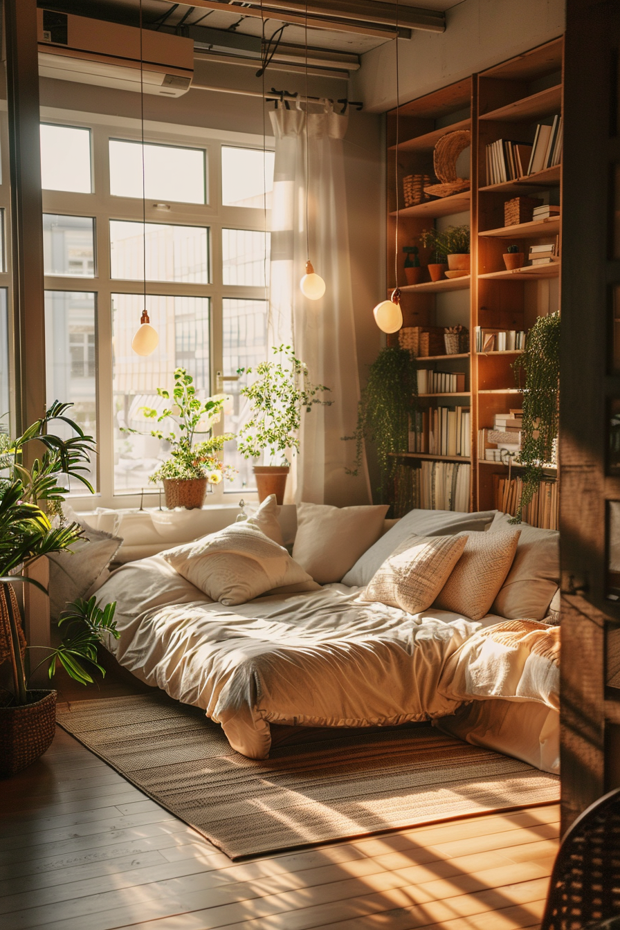 Cozy sunlit bedroom with an unmade bed, hanging light bulbs, potted plants, and a bookshelf, exuding a warm, inviting ambiance.