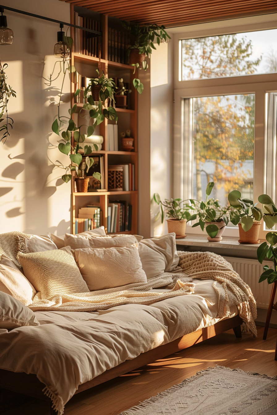 A cozy room with a low bed covered in cushions and a knit throw, wooden shelves with plants, books, and warm sunlight filtering through the window.