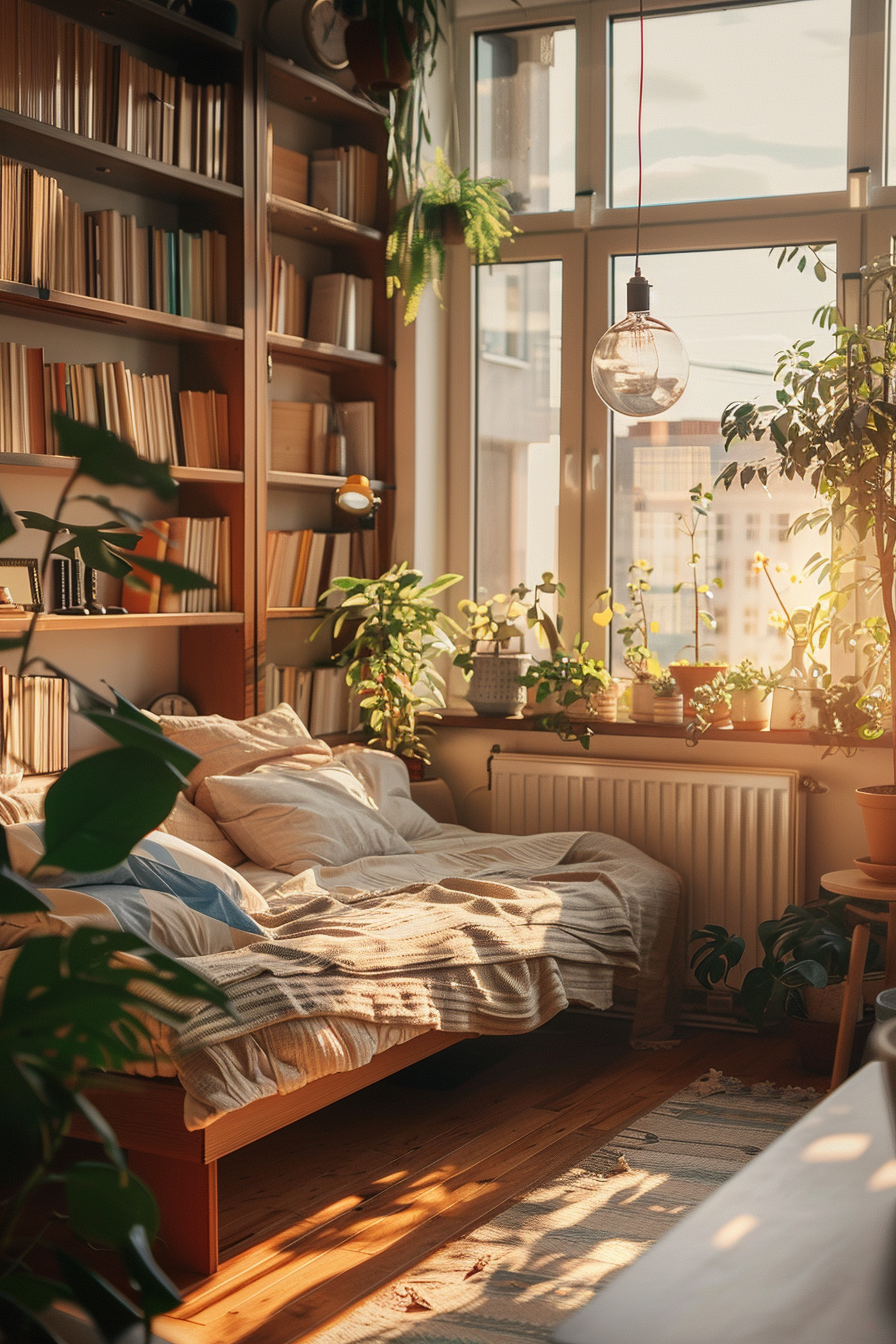 Cozy bedroom with a bookshelf, plants, and a bed bathed in warm sunlight through a window.
