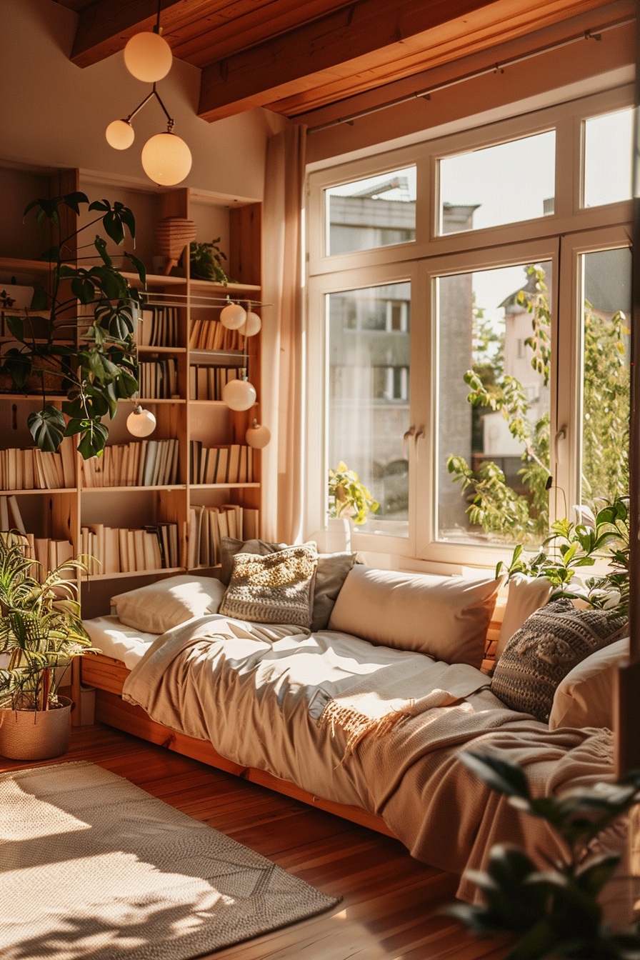 Cozy reading nook with cushions and throw pillows, surrounded by bookshelves and plants, bathed in warm sunlight.