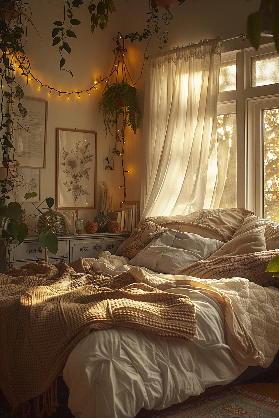 Cozy bedroom with a warm glow, fairy lights, plants, and a window with sheer curtains, giving a serene and inviting ambiance.