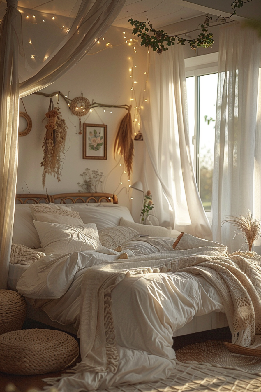 ALT: A cozy bedroom decorated with fairy lights, sheer curtains, and dream catchers, featuring a bed with plush bedding and decorative pillows.