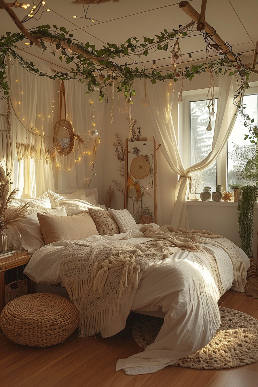 Cozy bedroom with warm lighting, draped fairy lights, plants, a dreamcatcher, and a comfortable bed with knit blankets.