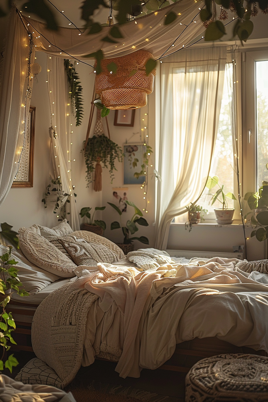 Cozy bedroom with warm sunlight filtering through sheer curtains, a bed with textured blankets, hanging plants, and string lights.