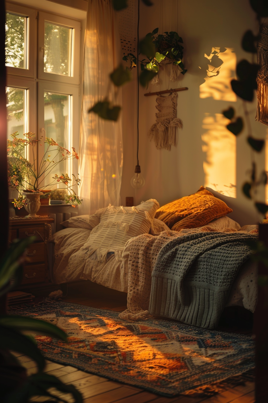 Cozy room with a bed, throw pillows, textured blankets, plants by the window, warm light, and a patterned rug on a wooden floor.
