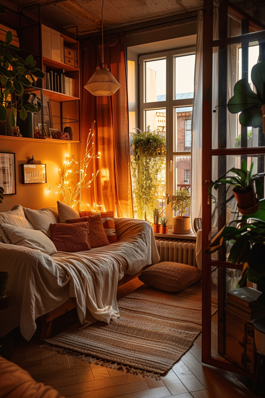 Cozy room with a plush sofa, warm lighting, plants by the window, bookshelves, and a woven rug.