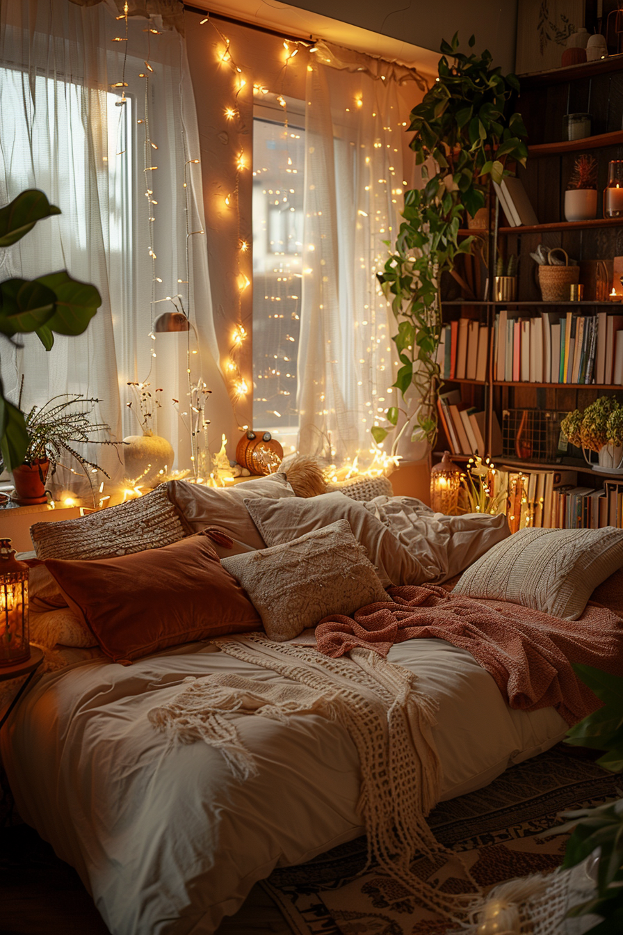 Cozy bedroom with string lights, plush bedding, houseplants, and a bookshelf, creating a warm and inviting atmosphere.