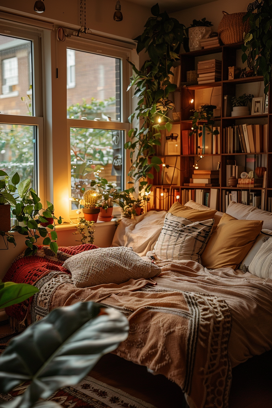 Cozy room with a bed adorned with pillows, warm blankets, surrounded by plants, books, and fairy lights, with a view of the outside.