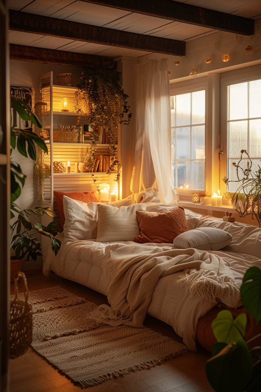 Cozy bedroom with warm lighting, plants, a bookshelf, and a bed draped in soft blankets, reflecting a comfortable and inviting atmosphere.