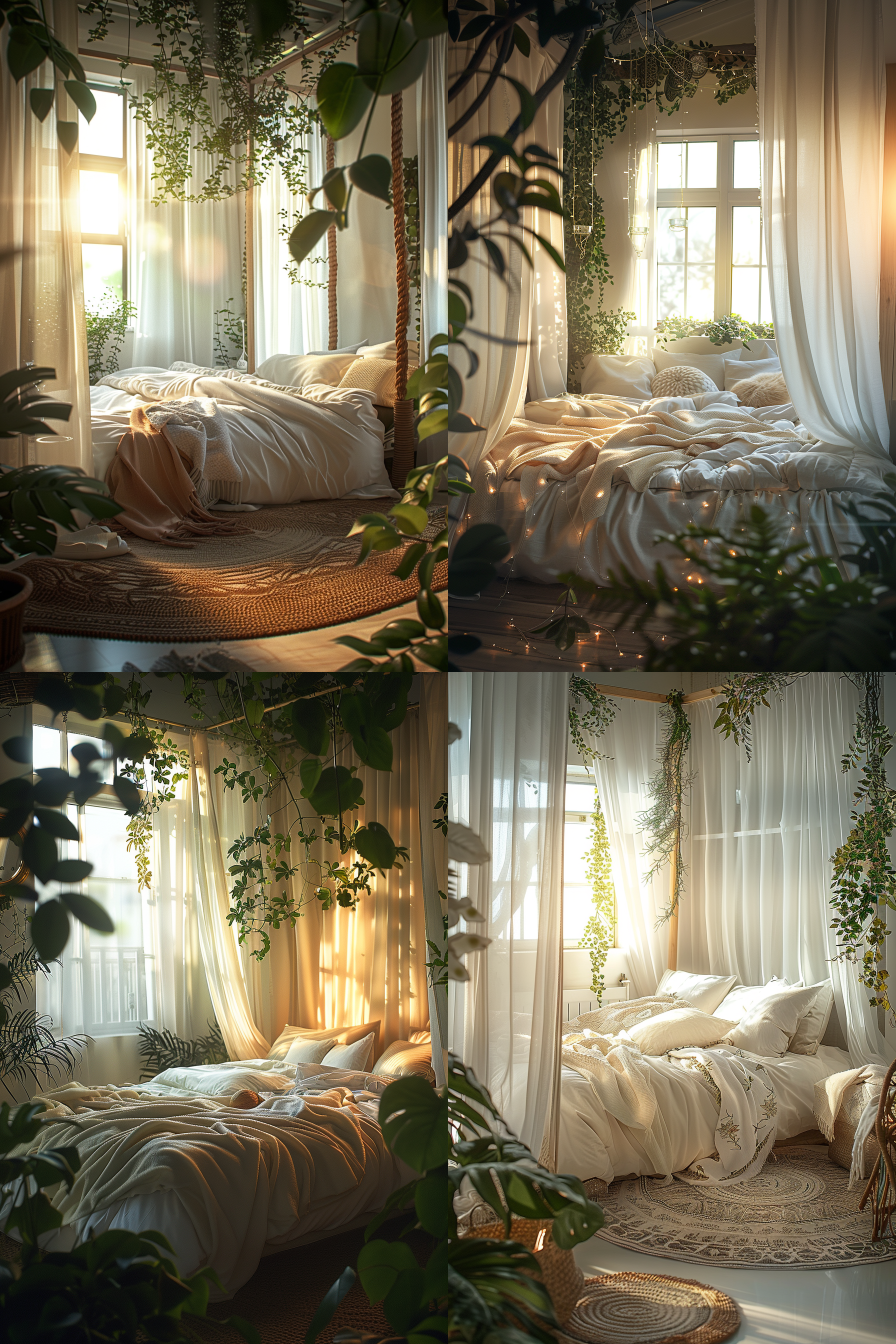 Cozy bedroom with plants, sheer curtains, and warm sunlight, in four different atmospheric settings.