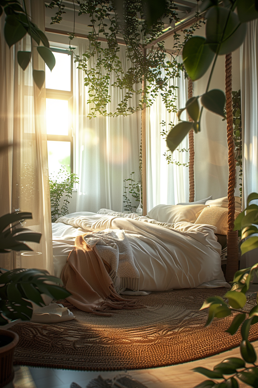 Cozy sunlit bedroom corner with a suspended bed surrounded by green plants, sheer curtains, and a warm-toned throw blanket.