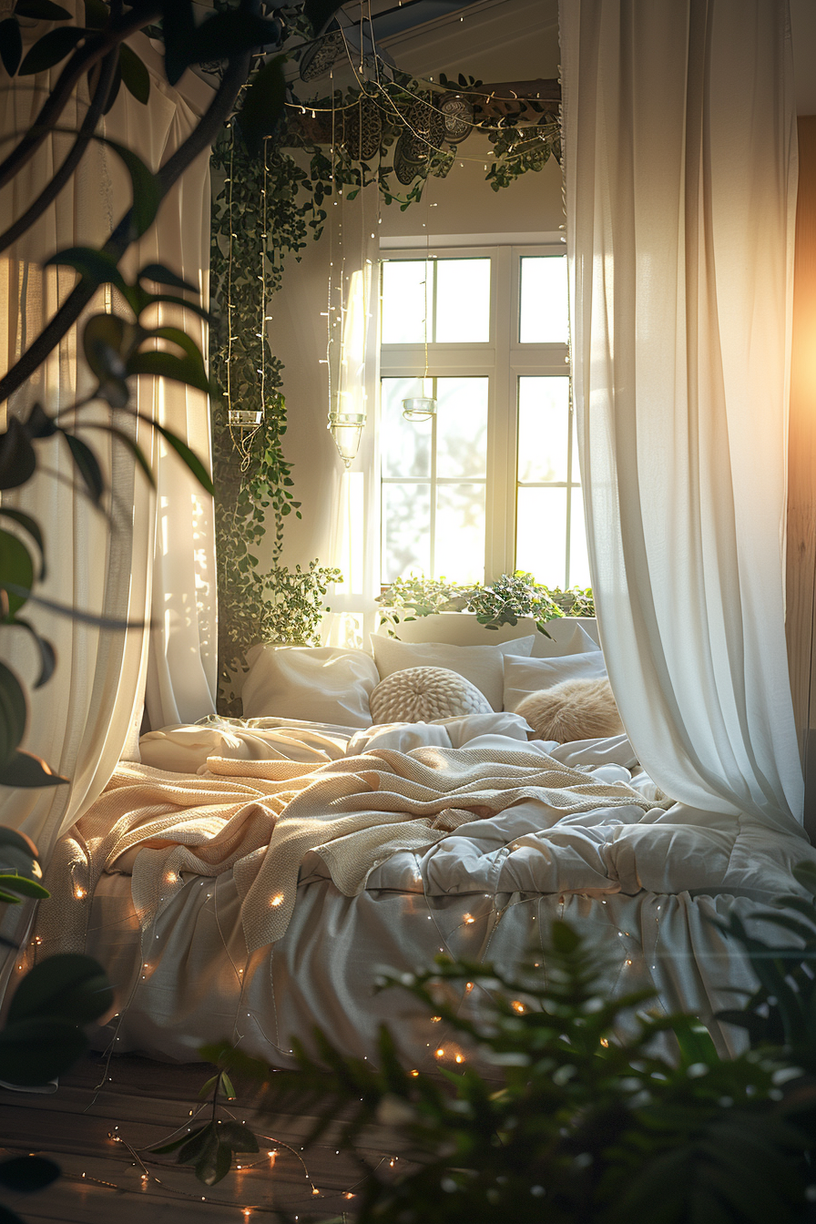 Cozy bedroom corner with draped curtains, fairy lights, plush bedding, and hanging greenery, basked in warm sunlight.