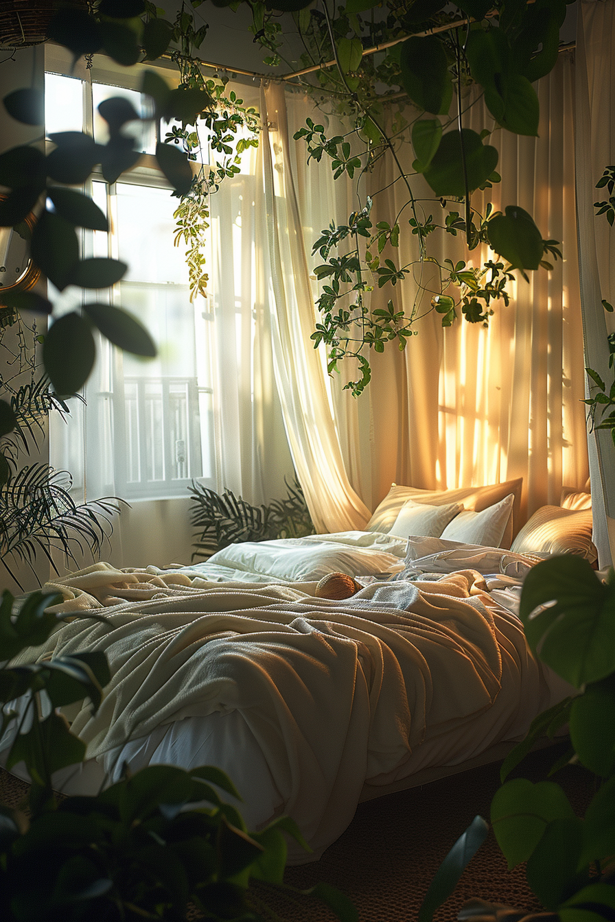 A cozy bedroom with a bed surrounded by lush green plants, sheer curtains filtering warm sunlight.