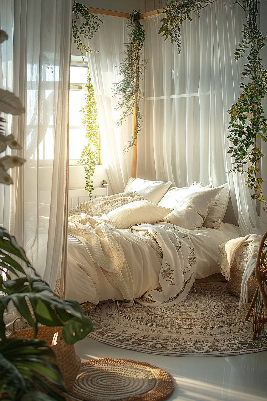 Cozy bedroom corner with a bed draped in soft blankets, surrounded by sheer curtains and hanging green plants, bathed in warm sunlight.