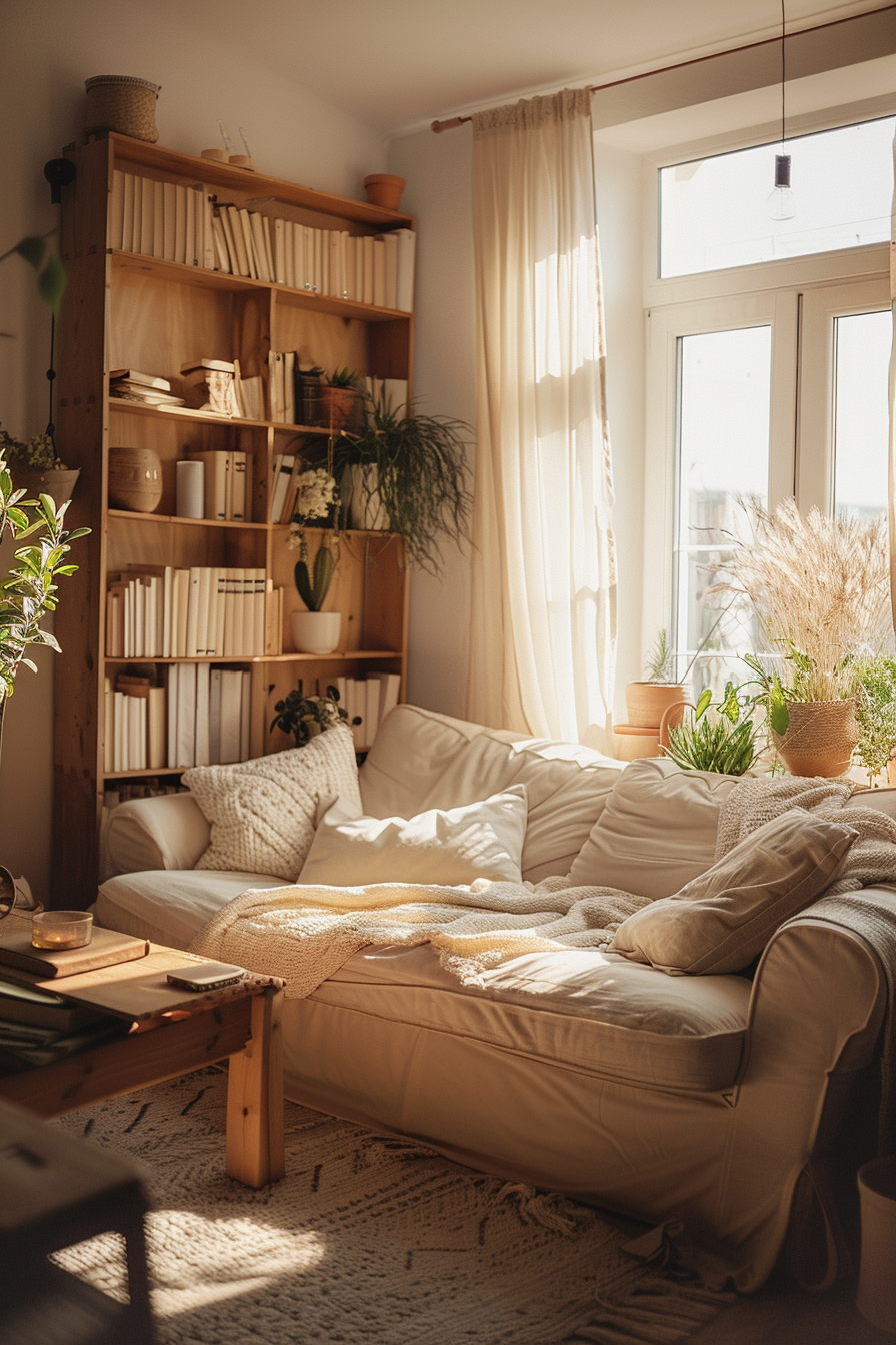 Cozy living room bathed in sunlight with a comfy sofa, wooden bookshelf full of books, plants, and sheer curtains.