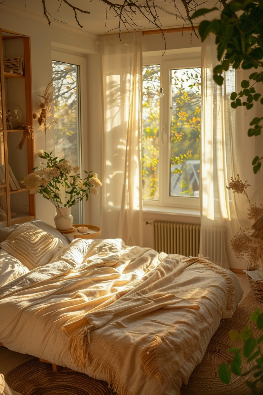 Warm sunlight streams through a bedroom window, casting a soft glow over a bed with light blankets and surrounding plants.
