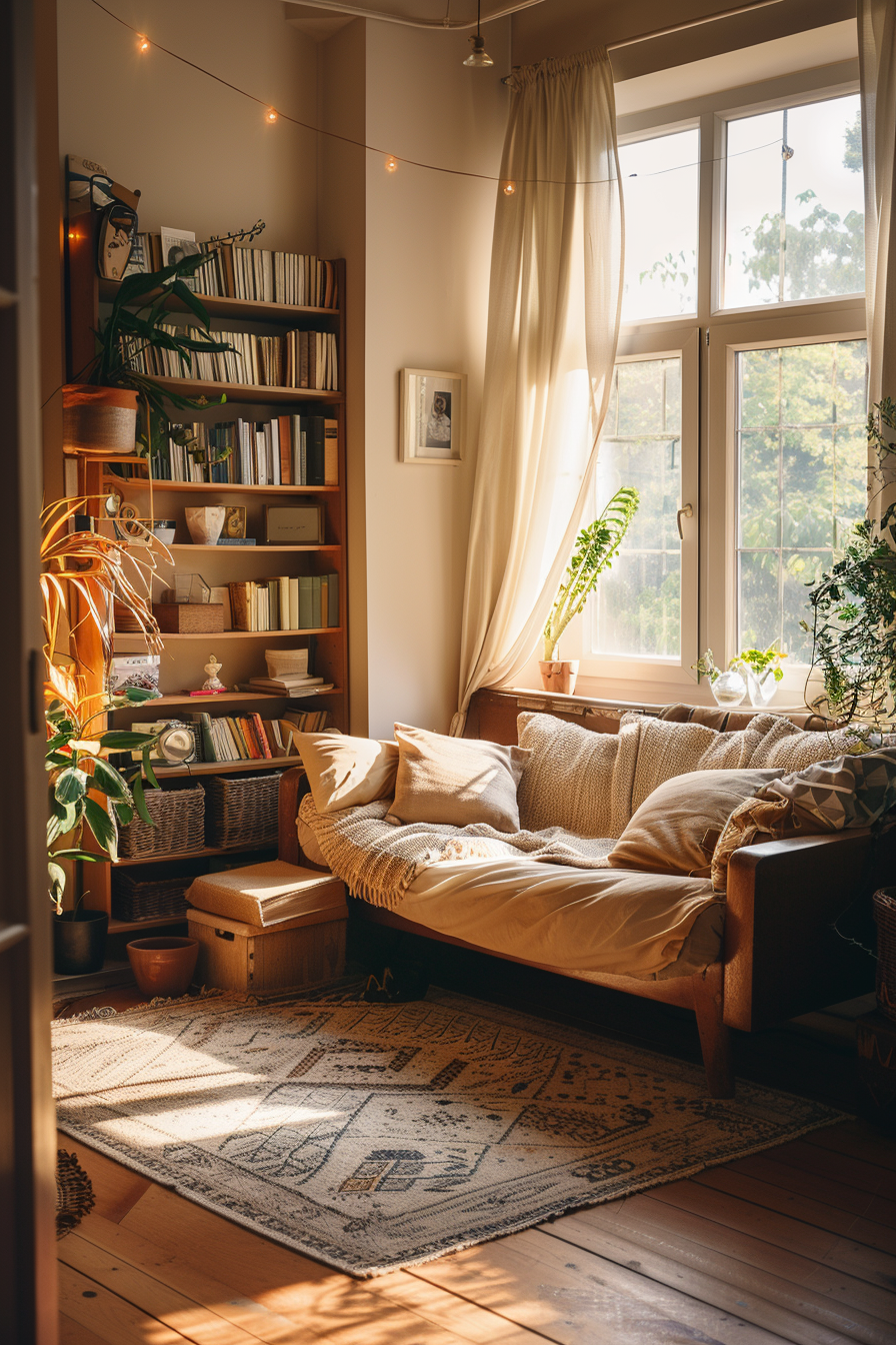 Cozy living room corner with a bookshelf, comfortable couch, plants, warm sunlight, and string lights.