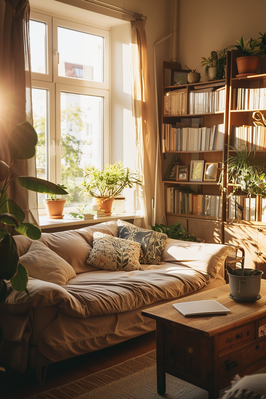 Cozy reading nook with a daybed and cushions near a sunny window, surrounded by plants and bookshelves.