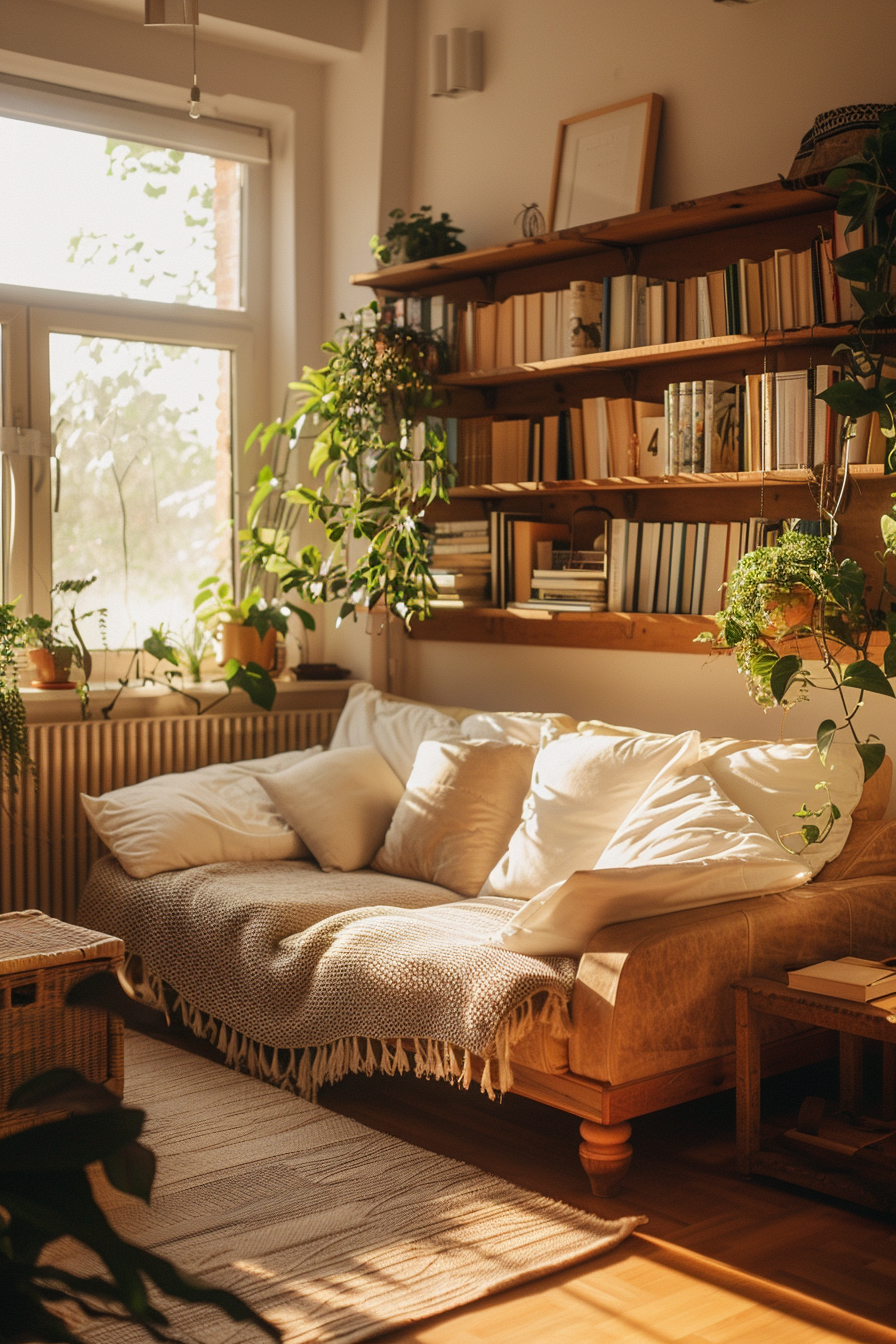 A cozy reading nook with a plush couch, sunlight streaming in, surrounded by shelves filled with books and lush green plants.