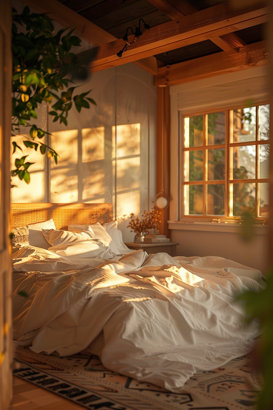 Cozy bedroom at golden hour, with sunlight streaming in through window, casting warm glow over rumpled white bedding and plants.